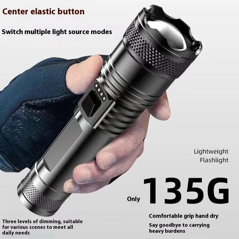 Power Torch portable rechargeable super bright LED searchlight with telescopic zoom, 2200 lumens, 500m range, IP55 protection
