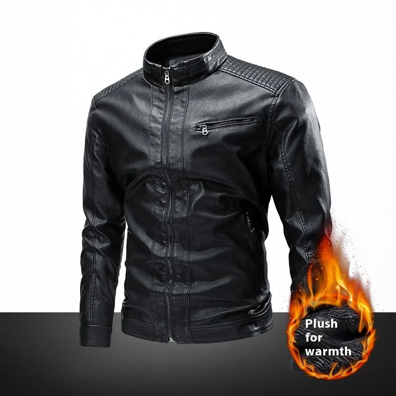 Men's PU leather motorcycle jacket with retro stitching, straight hem, available in black brown khaki and bright yellow