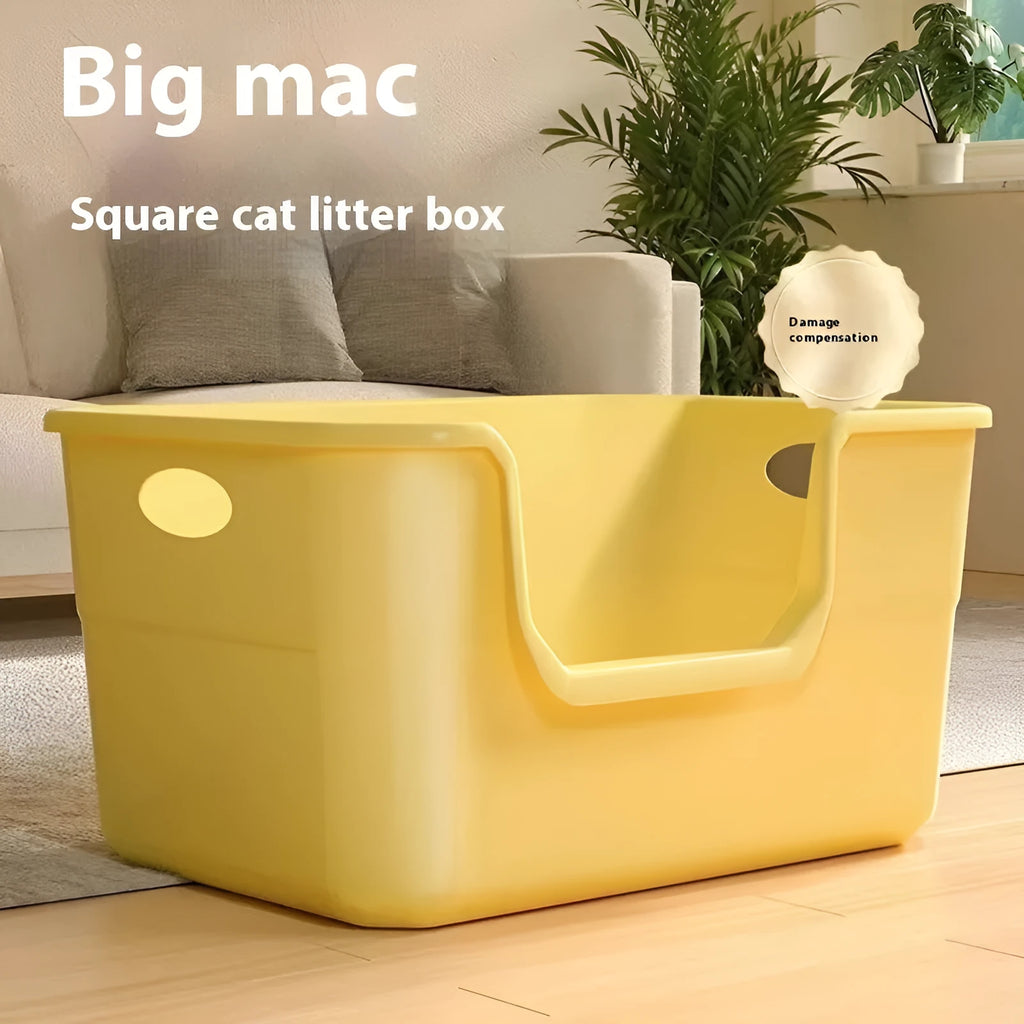 Oversized open semi-closed cat litter box in assorted colours on a white background.