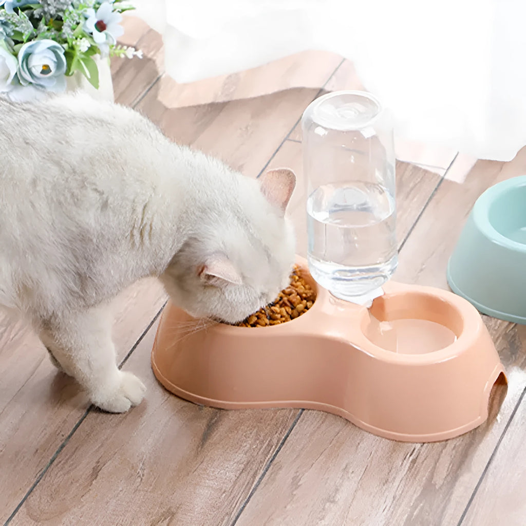 Pets automatic drinking water double bowl plastic cat food bowl with water bottle in blue