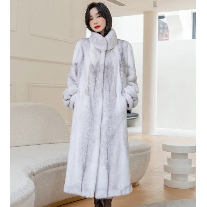 Women's white faux fur coat with stand-up collar shown at 80cm length