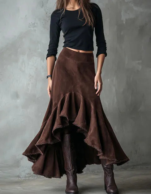Western brown women's maxi skirt with high-low hem and ruffle trim on eco suede polyester fabric.
