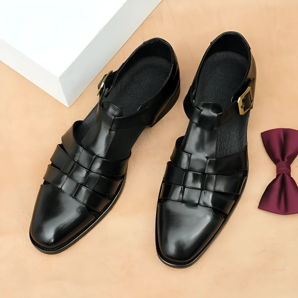 Men's black genuine leather retro-style slip-on sandals with an open toe and rubber sole.