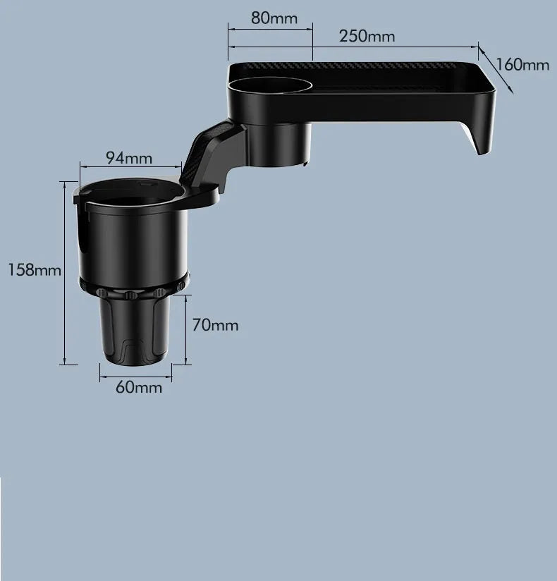 Black rotating car cup holder with dinner plate attachment shown in large and small size options.