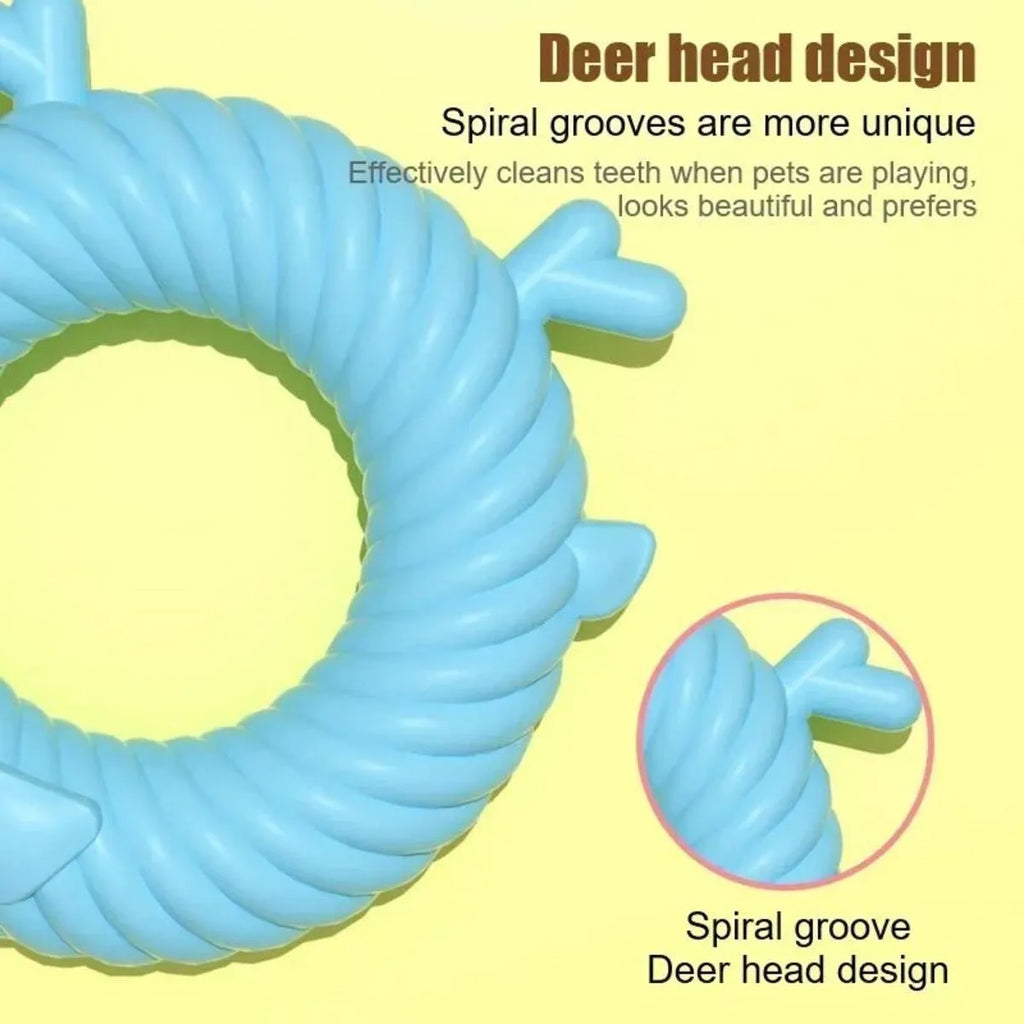 Deer-shaped dog teething toy with spiral groove pattern in light blue colour