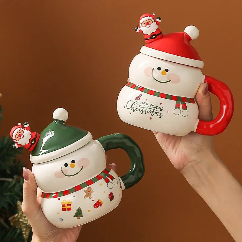 Christmas ceramic cartoon snowman water cup with 400ml capacity, round shape, 8.5cm height