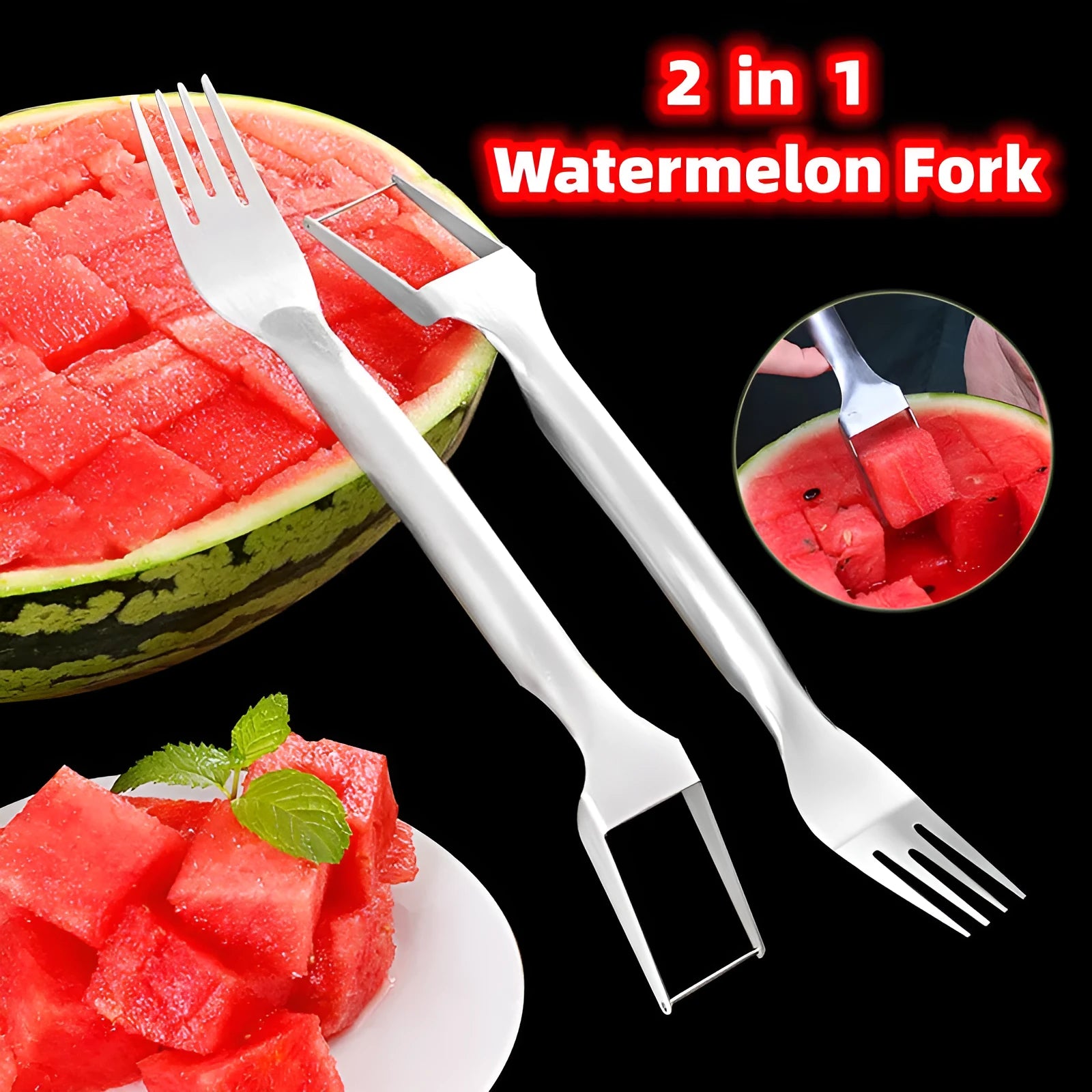 Silver stainless steel watermelon slicer with a 26cm handle and a 3.6cm wide rounded fork head.