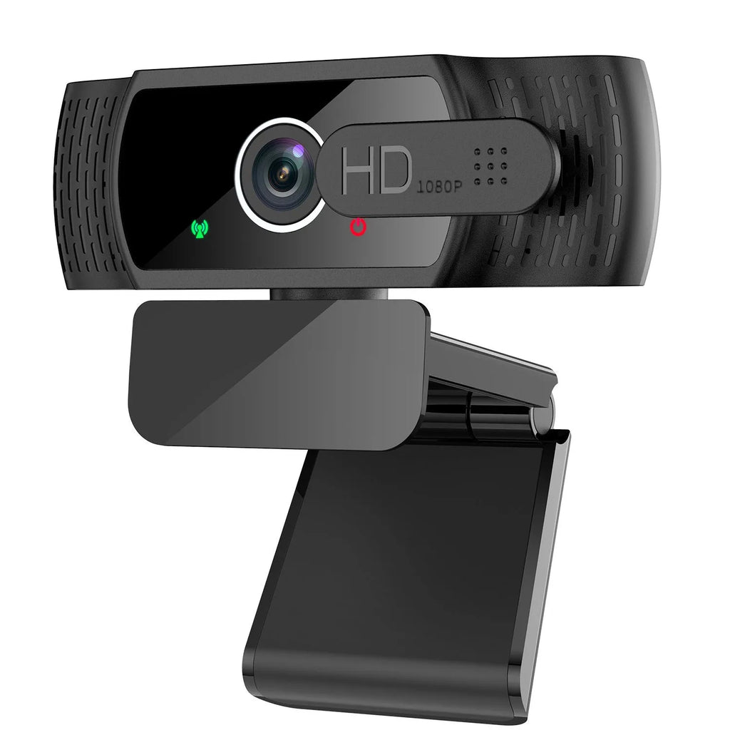 Black USB computer webcam with built-in microphone mounted on a laptop screen.