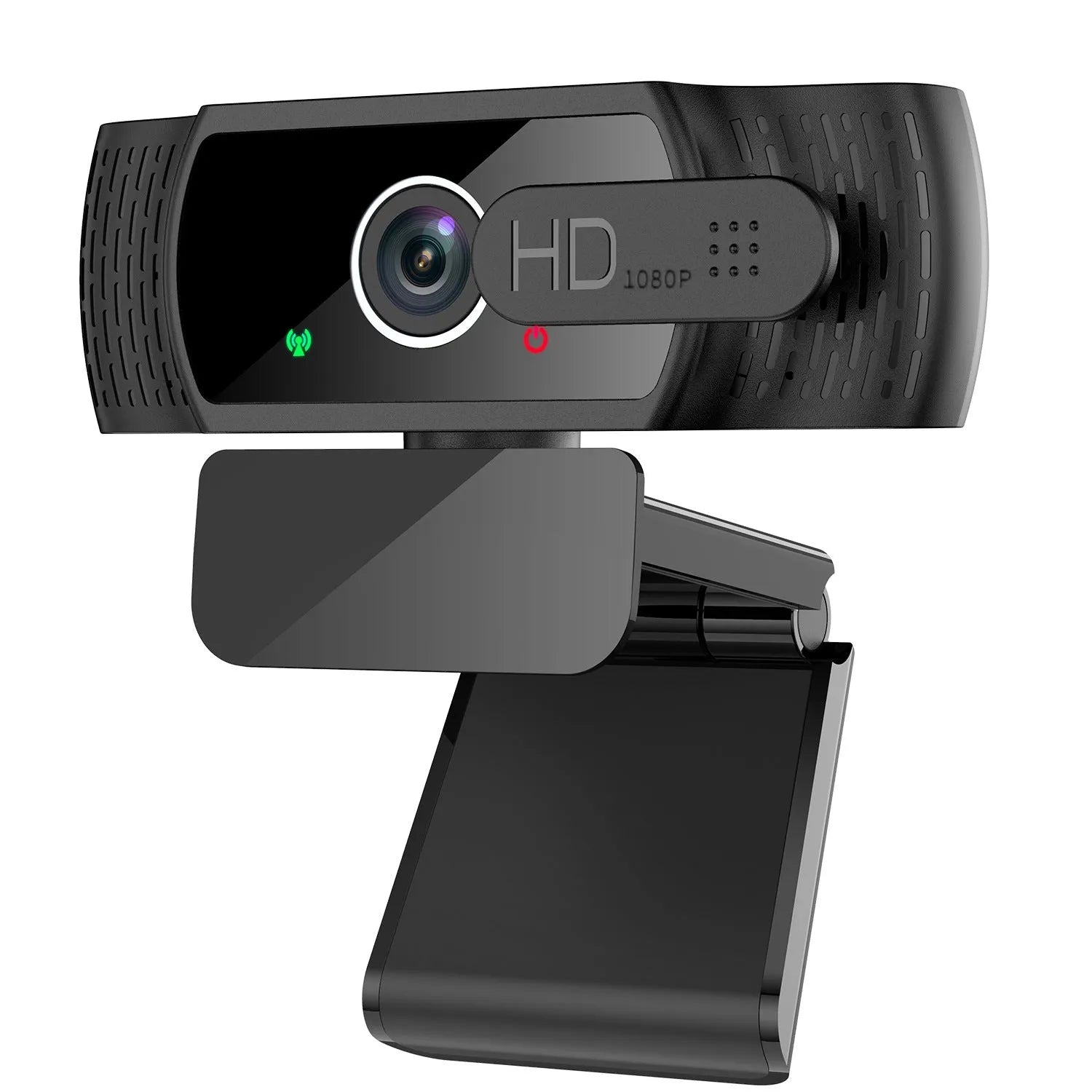 Black USB computer webcam with built-in microphone mounted on a laptop screen.