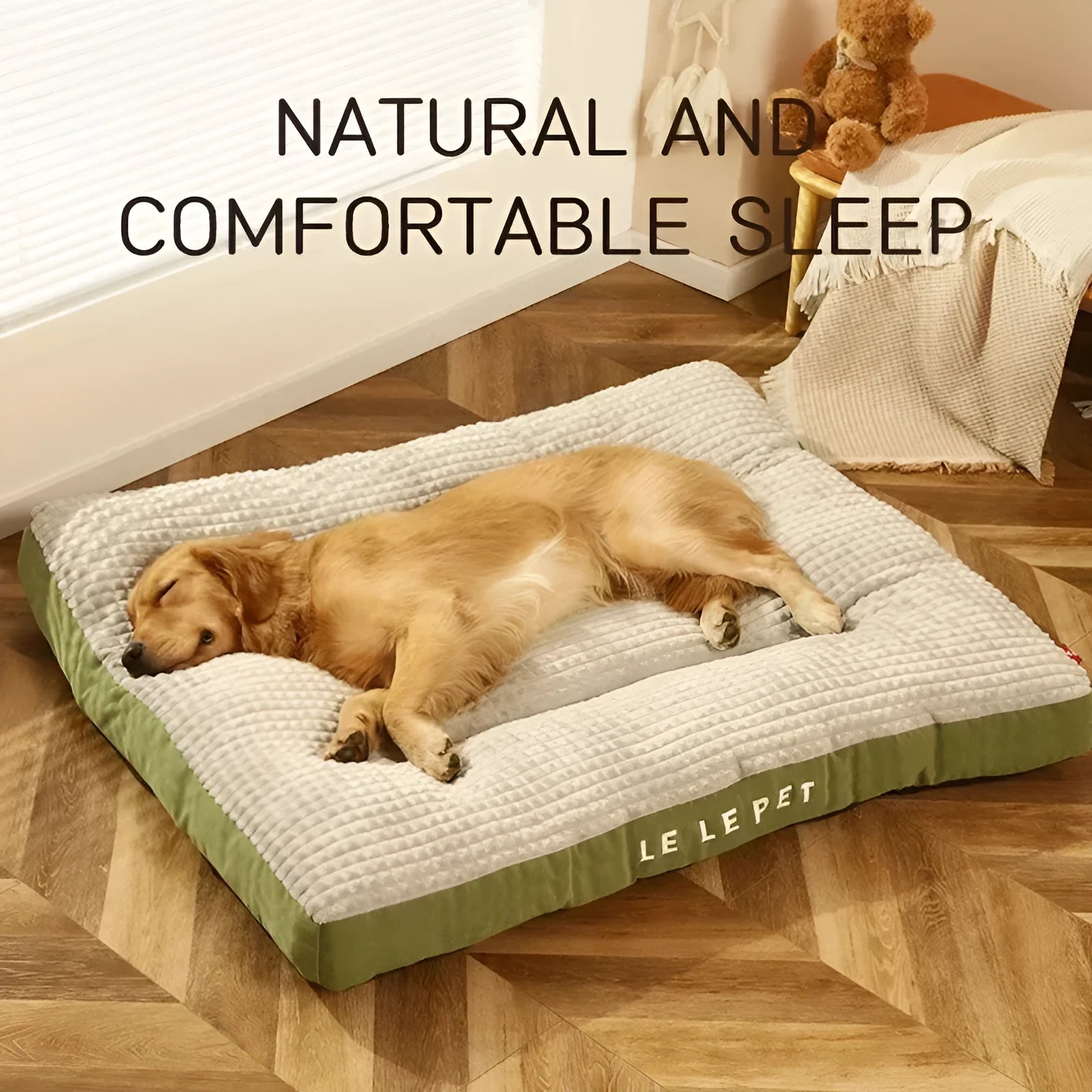 Coffee coloured dog bed with a removable soft fleece blanket, shown in a medium size.