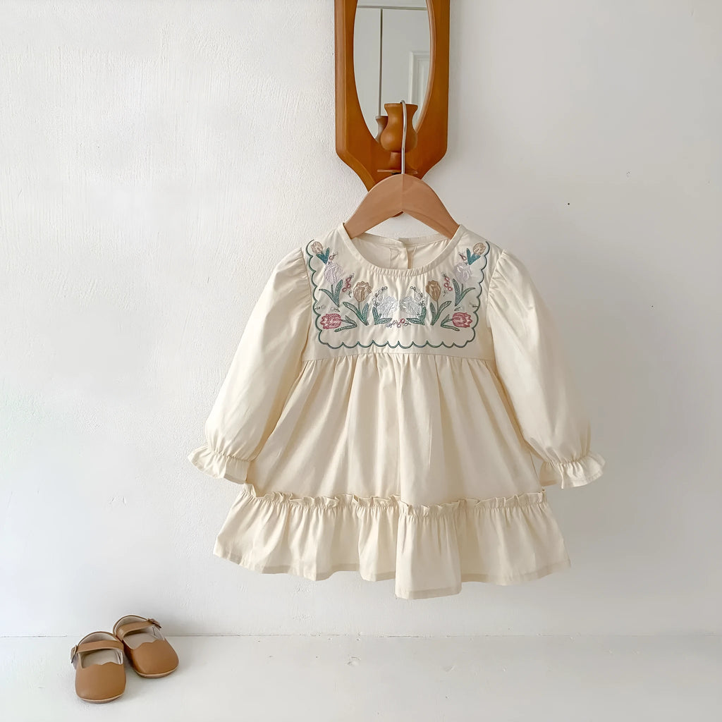 Girls' apricot long sleeve dress with ruffle sleeves, flower embroidery and princess skirt, sizes 80cm to 130cm