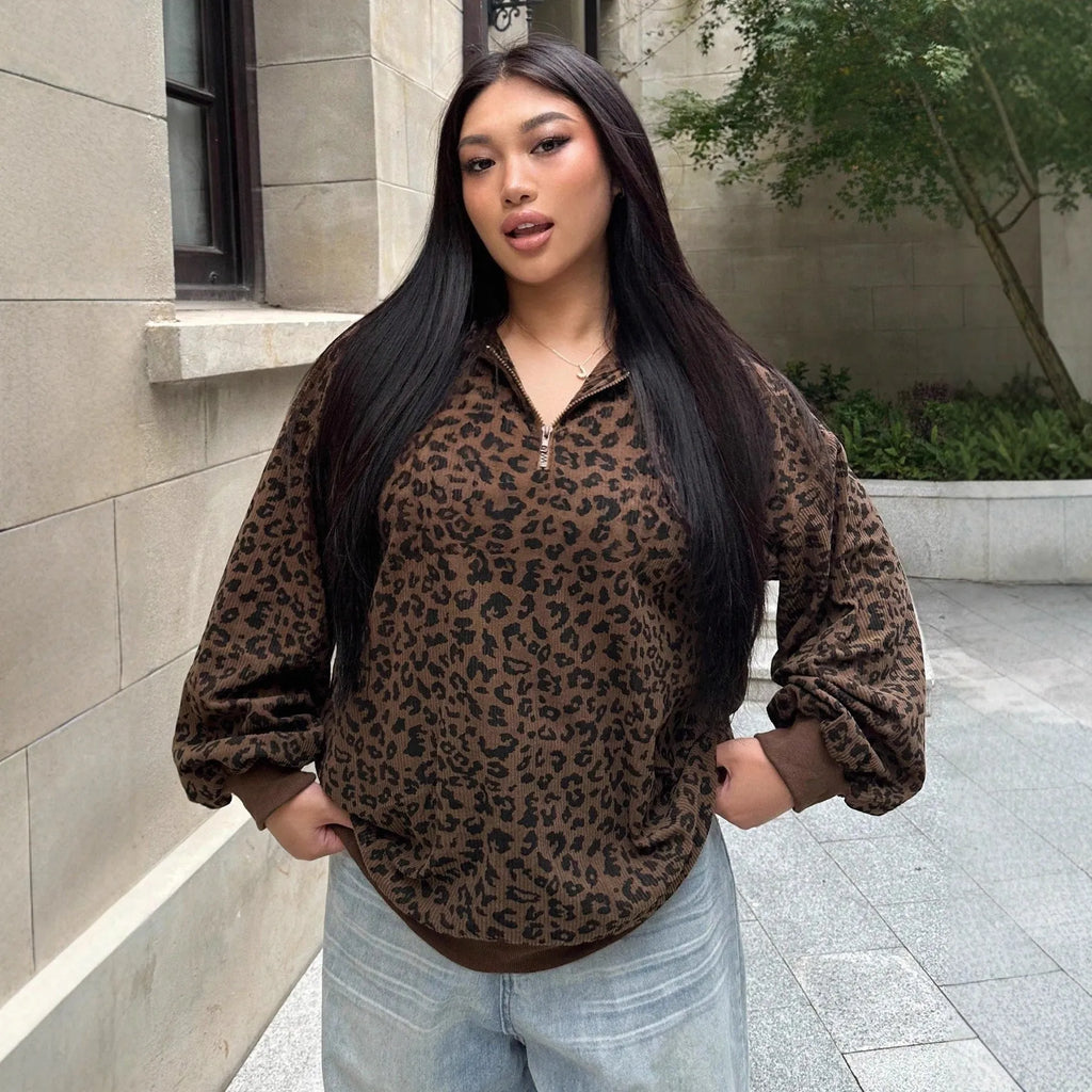 Women's brown leopard print zip-up hooded corduroy long sleeve sweatshirt, front view