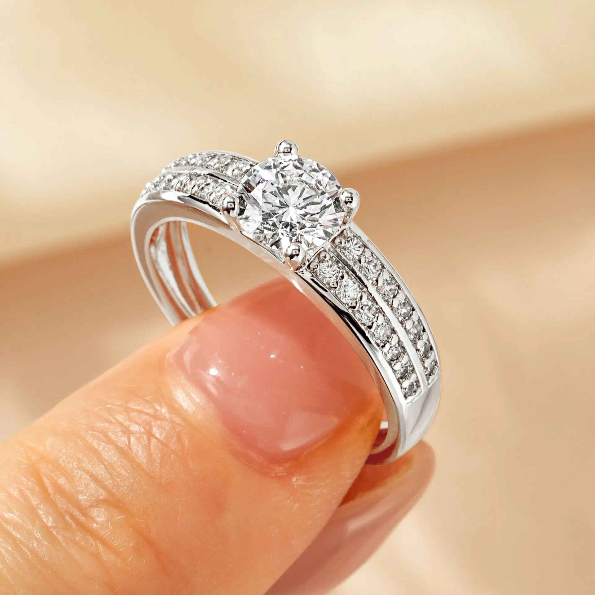 Women's electroplated copper zircon ring in heart, fork arm or star design with K white or yellow finish