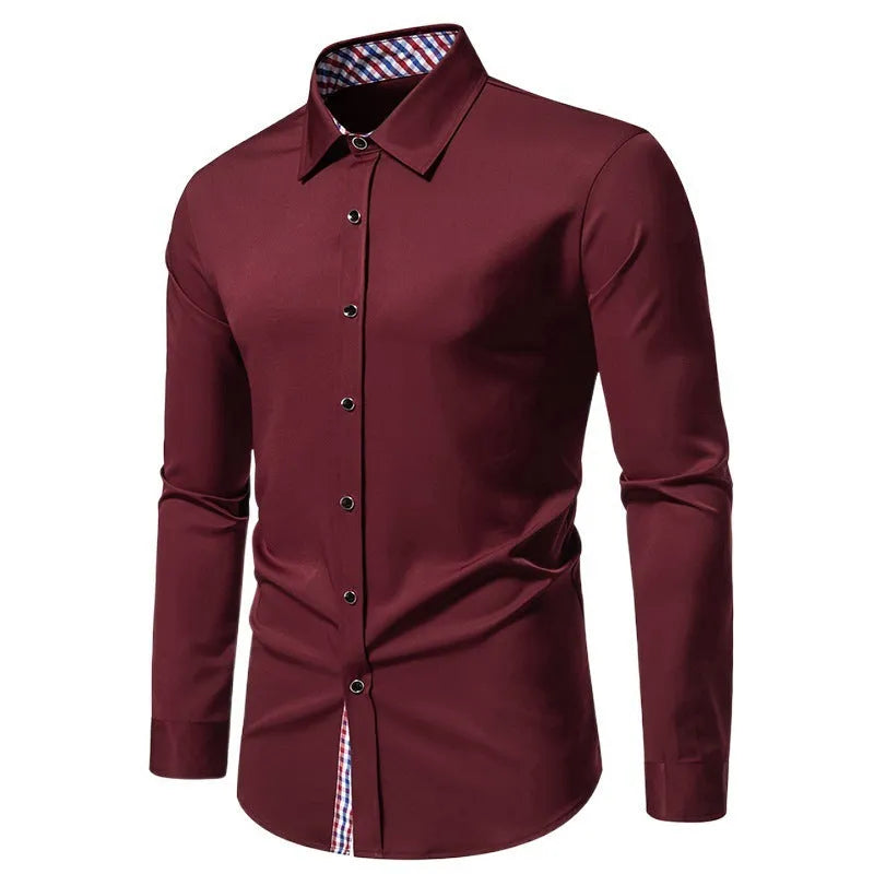 Men's loose fit plaid stitching casual long-sleeved shirt in chemical fibre blend fabric