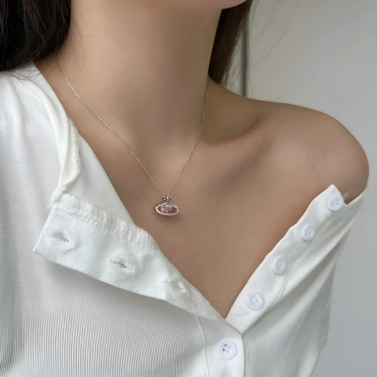 925 silver heart pendant necklace with pink zircon inlay on clavicle chain