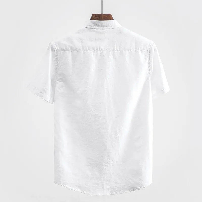 Man's casual short sleeve linen shirt with square collar in sapphire blue