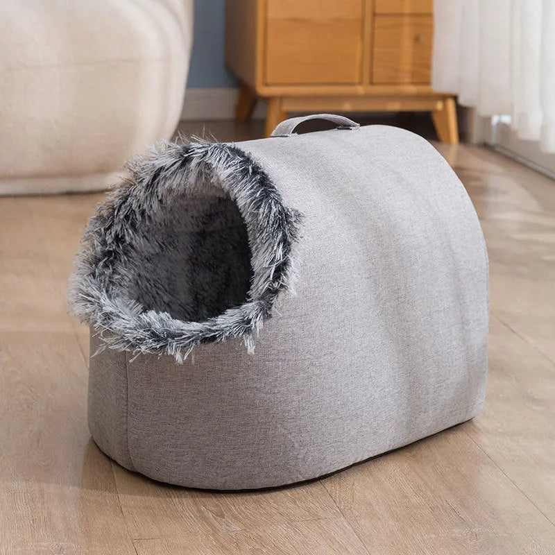 Grey fleece-lined cat nest sleeping bag with closed design for winter pet comfort