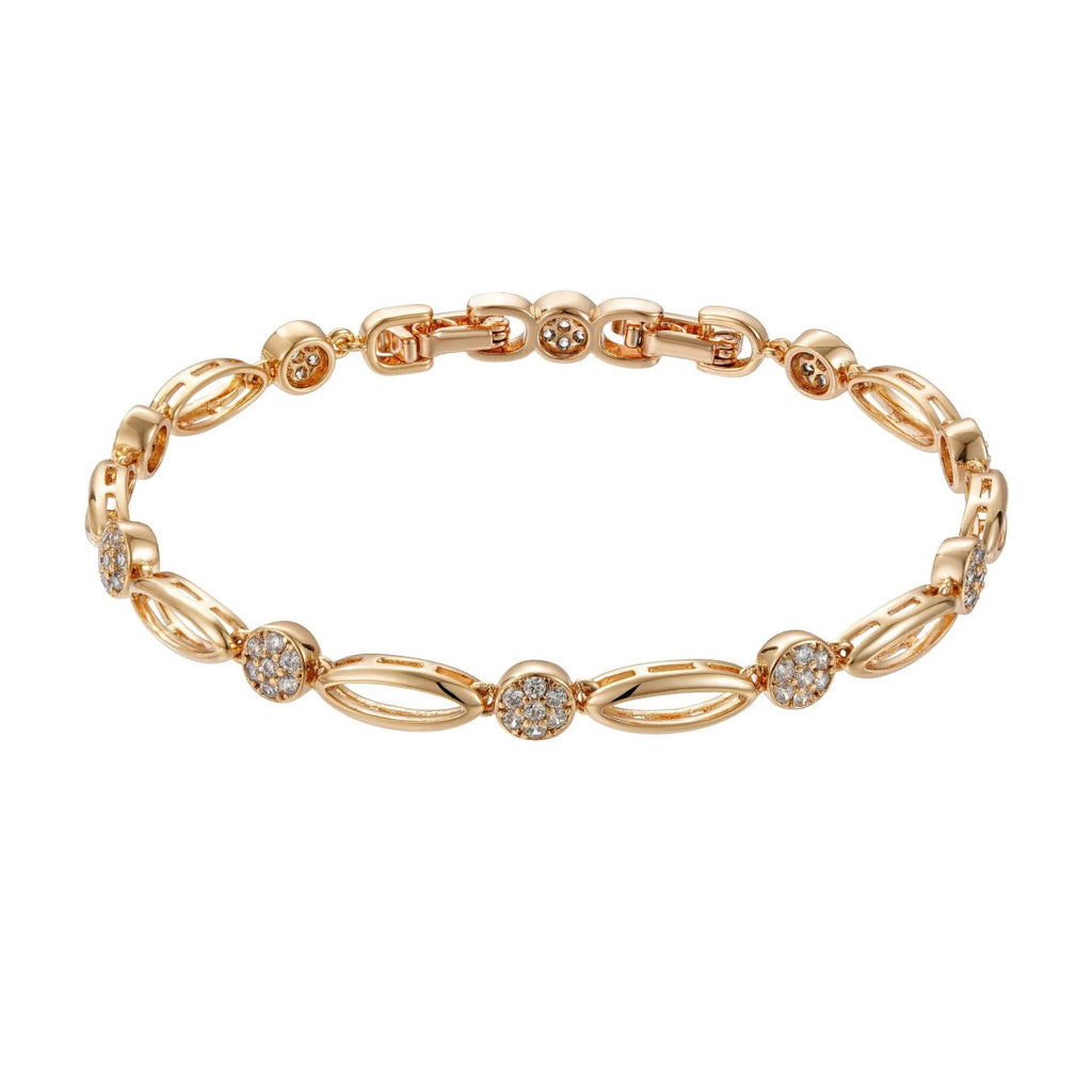 Golden copper hollow carved U-shaped bracelet for women on a plain background.