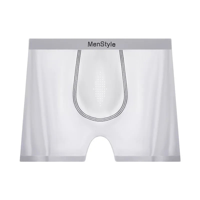 Men's seamless satin ice silk boxer shorts in dark grey, showing mid-waist and single-layer construction.