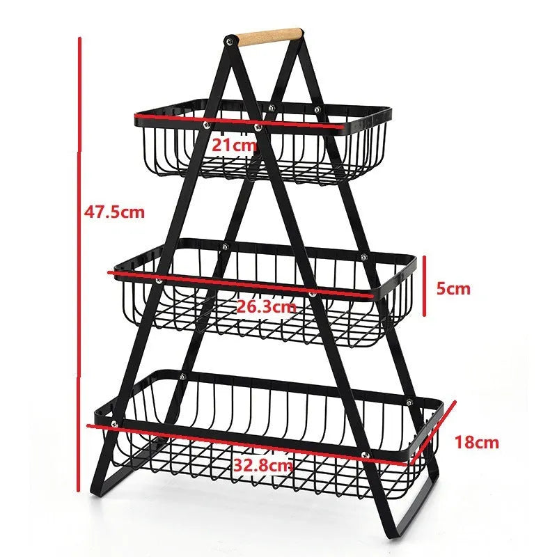 Black iron double-layer fruit basket with wooden handle, detachable for flexible storage