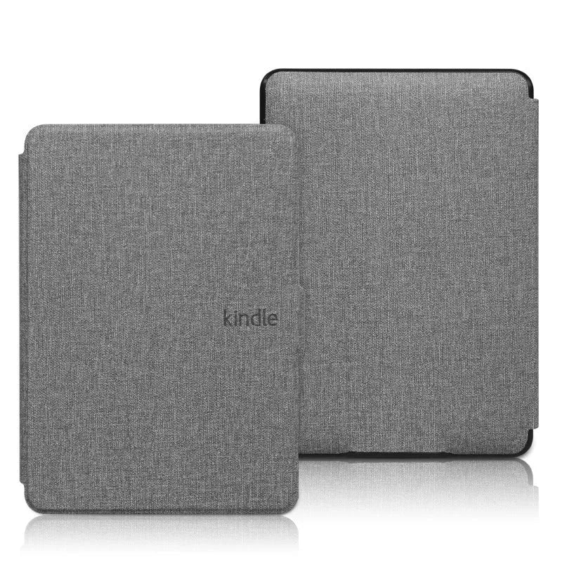 Linen-textured leather hard case for Kindle Paperwhite e-reader with magnetic closure, shown in purple colour.
