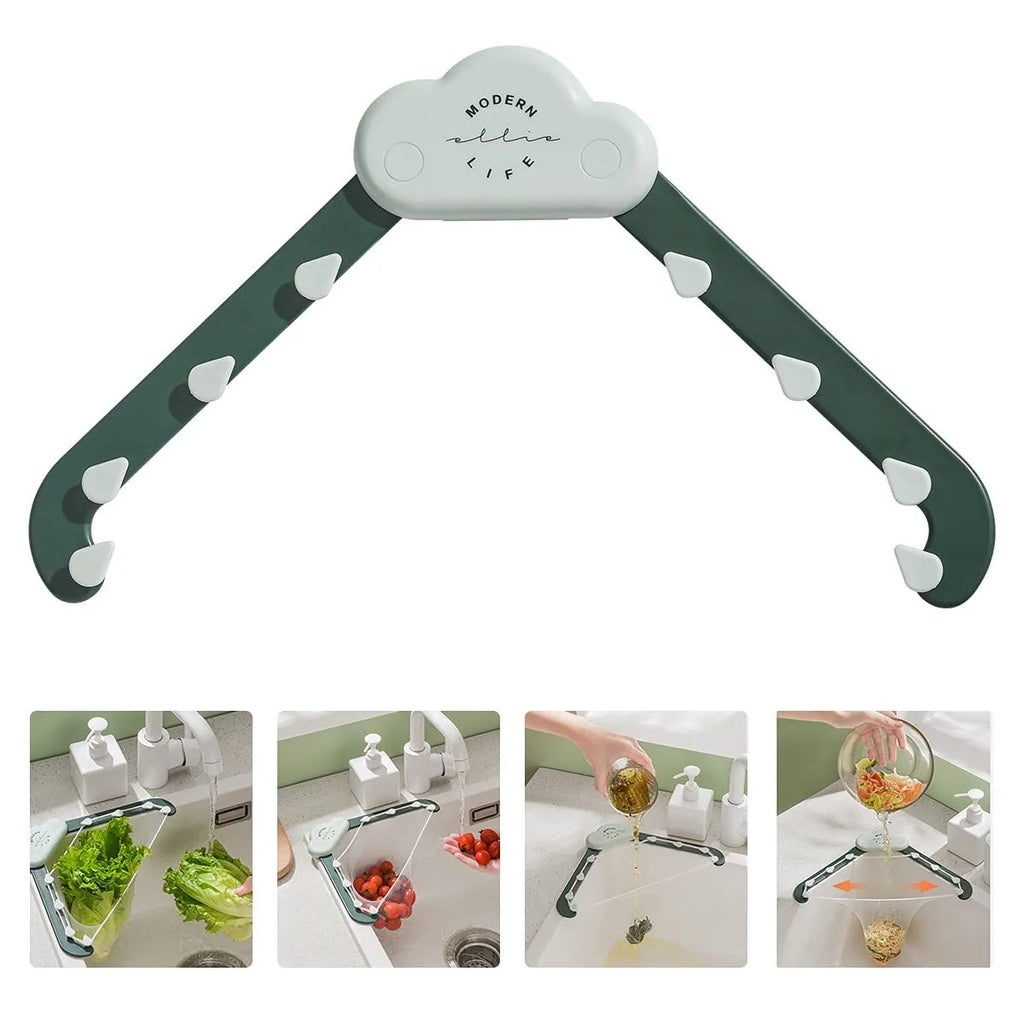 Green triangular ABS plastic sink drain rack with elastic mesh filter net installed in kitchen sink corner.