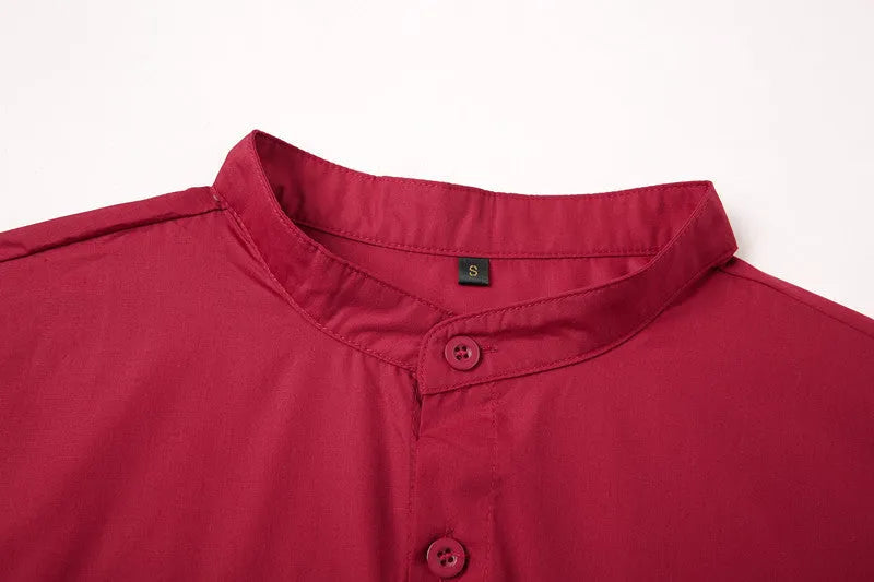 Red men's stand-up collar casual shirt with Chinese-style collar, shown in sizes S to XXXL