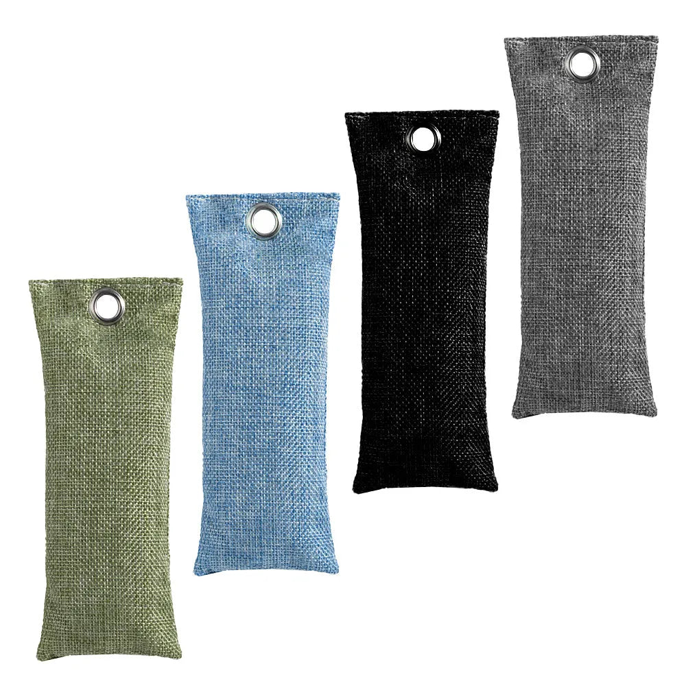 Set of four bamboo charcoal deodorising bags in different colours for shoe and household odour absorption.