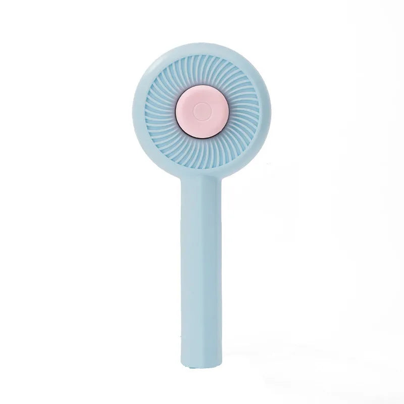 Blue and yellow pet grooming brush with self-cleaning button and angled metal needles