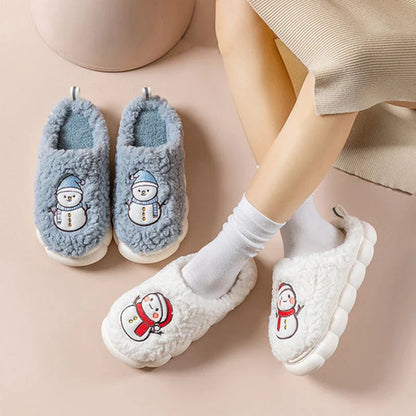 Cozy snowman-designed slippers with plush upper and anti-slip sole for indoor winter wear