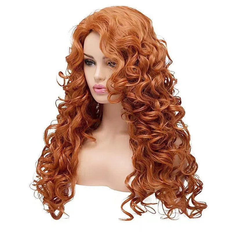 Brown long wavy curly synthetic wig with instant noodles texture and red net head cover