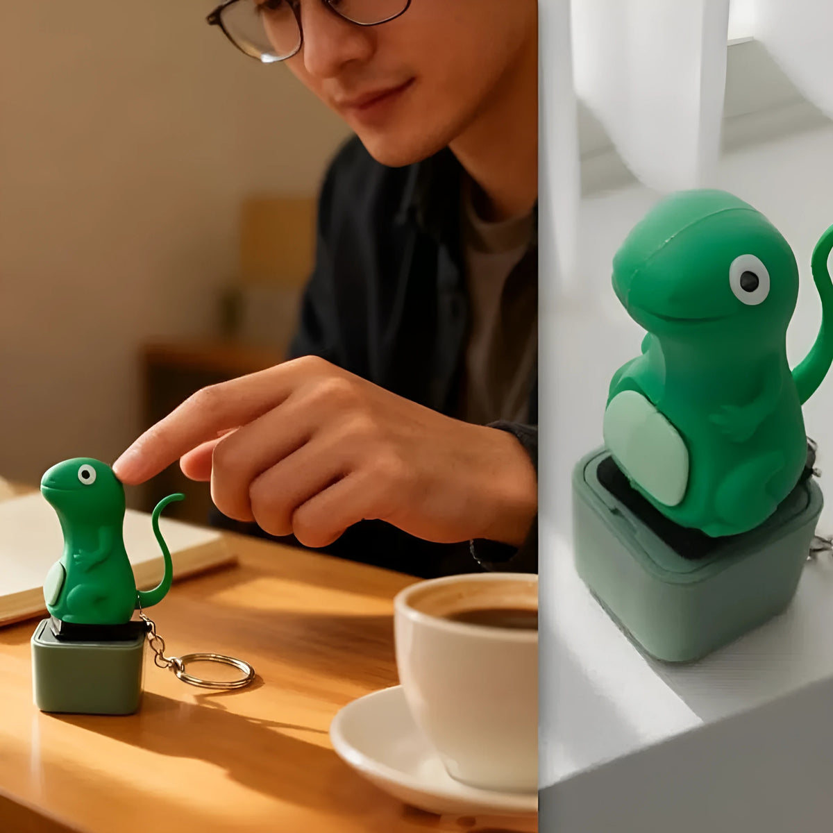Lizard button keychain decompression clicker in PVC, 3 cm x 6.5 cm, green colour, with rechargeable luminous sounding design