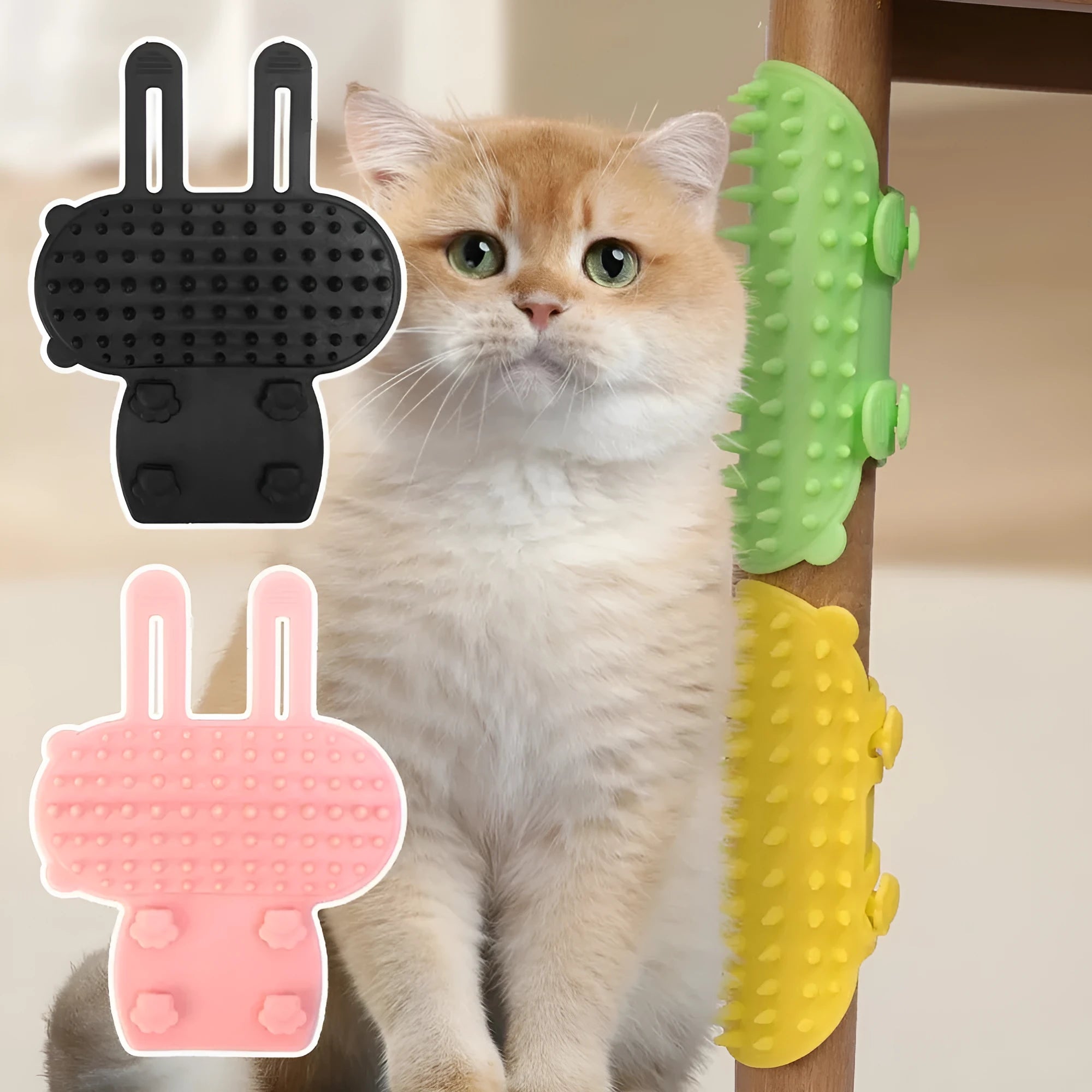 Silicone cat grooming comb with adjustable strap mounted on a table leg.
