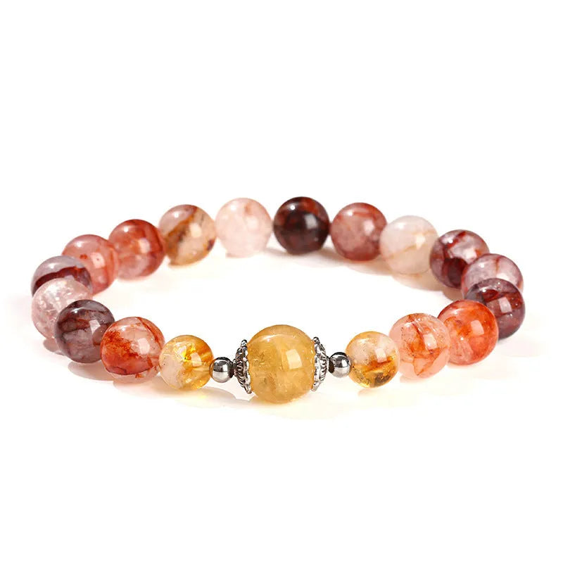 Handmade red sealant flower crystal bracelet with round 10mm citrine lucky beads