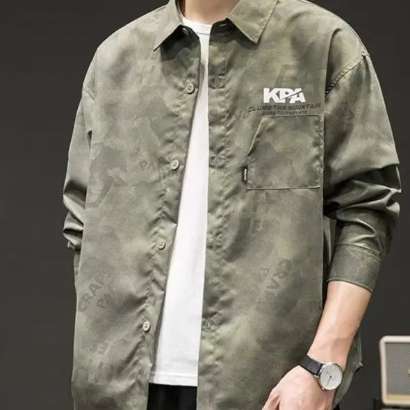Men's retro camouflage linen shirt long sleeve casual Japanese style
