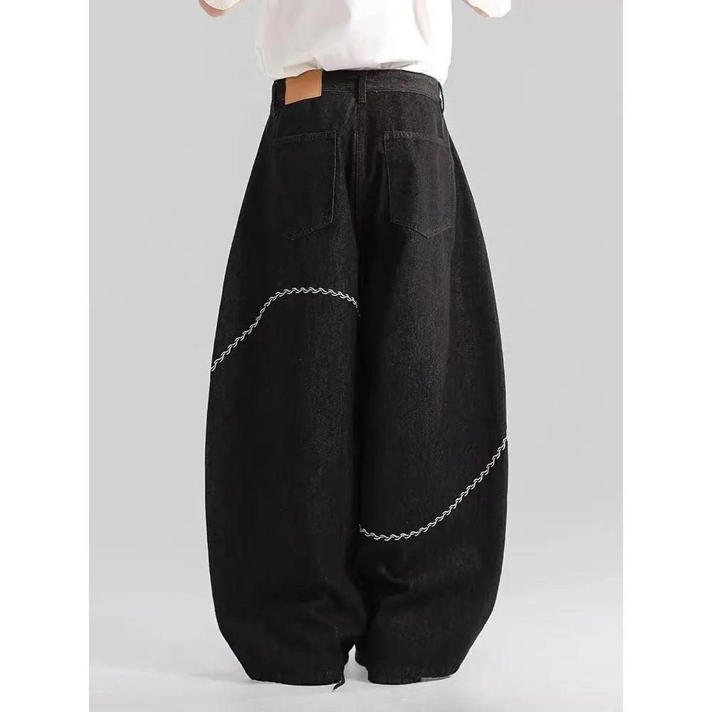Black straight-leg casual trousers with micro-elastic waistband and zip fly opening