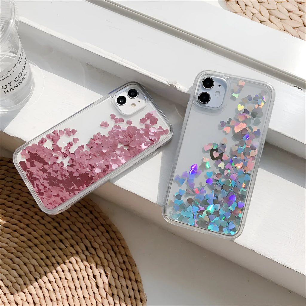 Quicksand flowing love silicone phone case transparent bumper TPU for iPhone Pink Red Silver