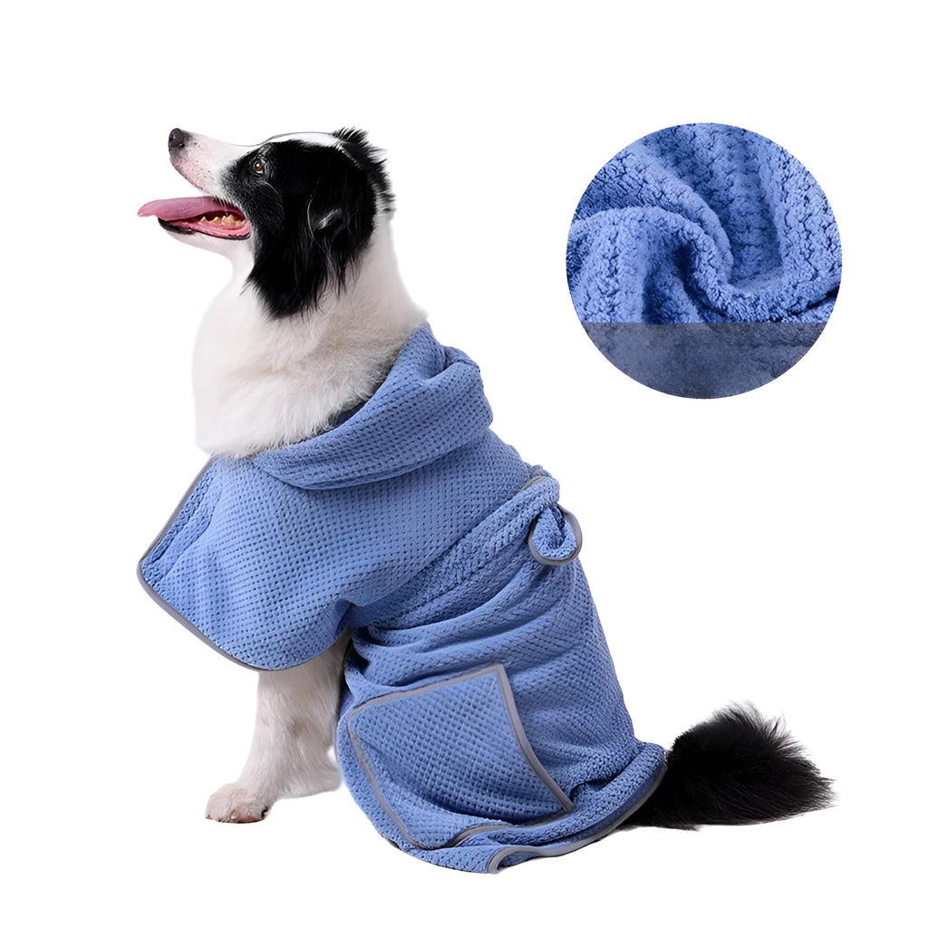 Blue dog bath robe with adjustable waistband fastened on a dog, showing absorbent fabric and sizing for drying.