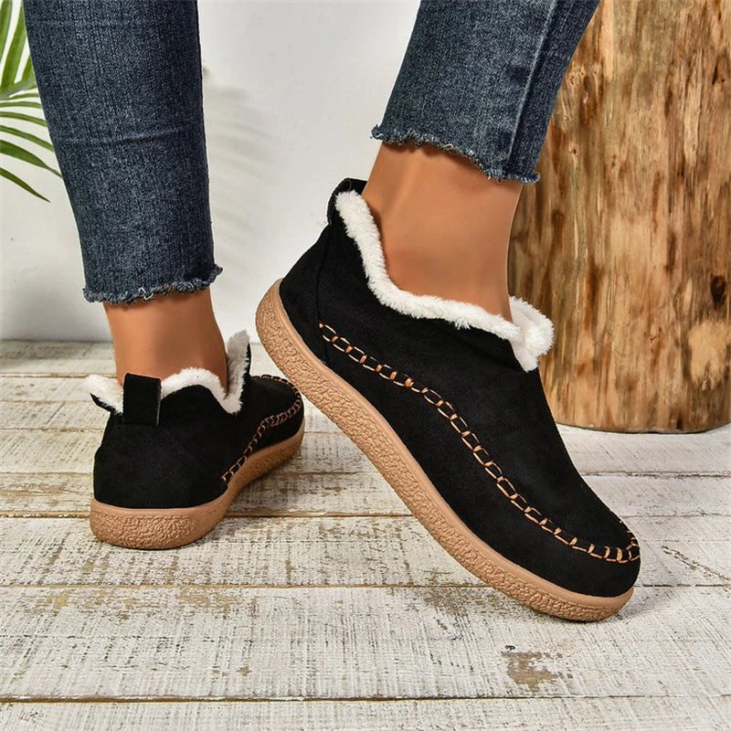 Plush winter ankle boots with warm flat sole, available in multiple colors and sizes