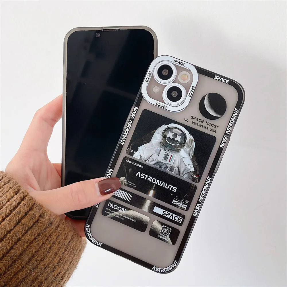 Astronaut graffiti print phone case for iPhone in blue-black, orange-black, and white-black contrast colours