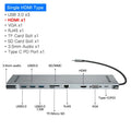 Grey aluminium docking station with cooling bracket showing ten ports including HDMI VGA and network connections