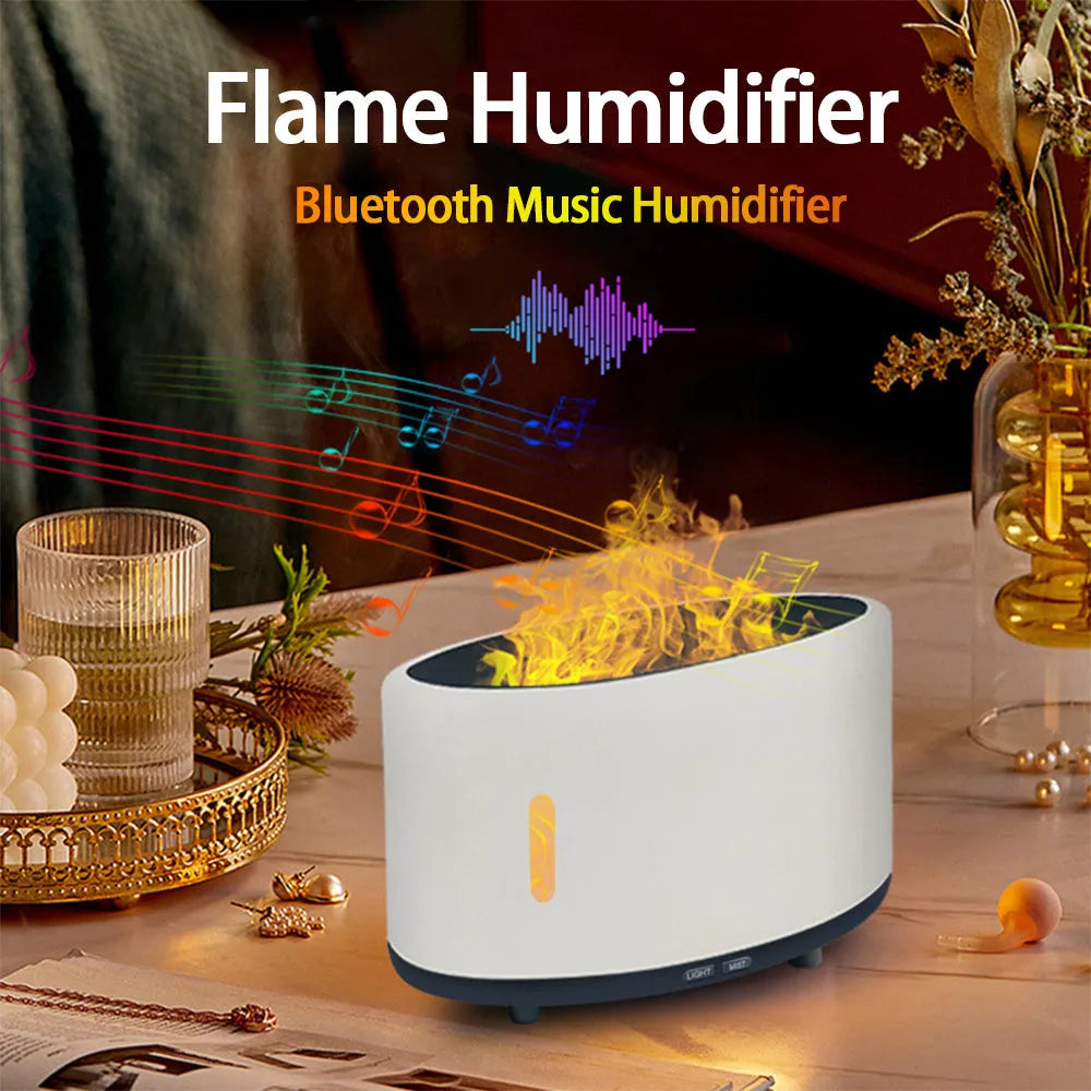 A Bluetooth-controlled flame humidifier and aromatherapy diffuser unit with an LED flame light and 150ml tank.
