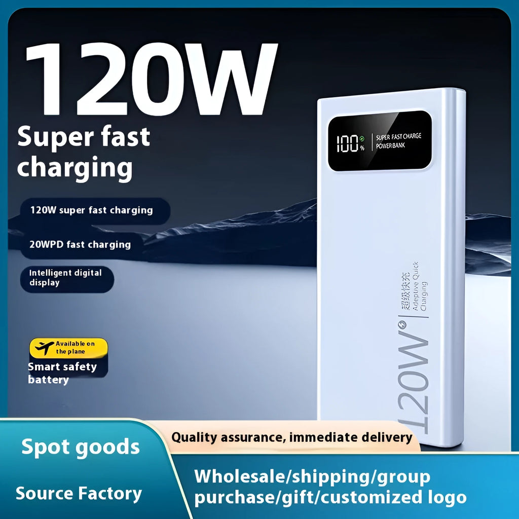 120W 20000 MA power bank in cool black with fast charge capability, compact size 141x66x16mm