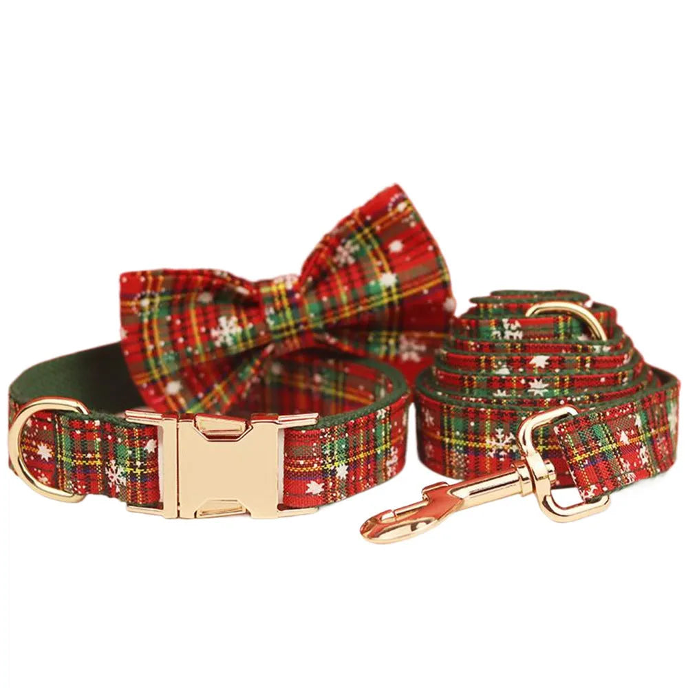 Green background snowflake Christmas pet collar set with matching dog vest and leash