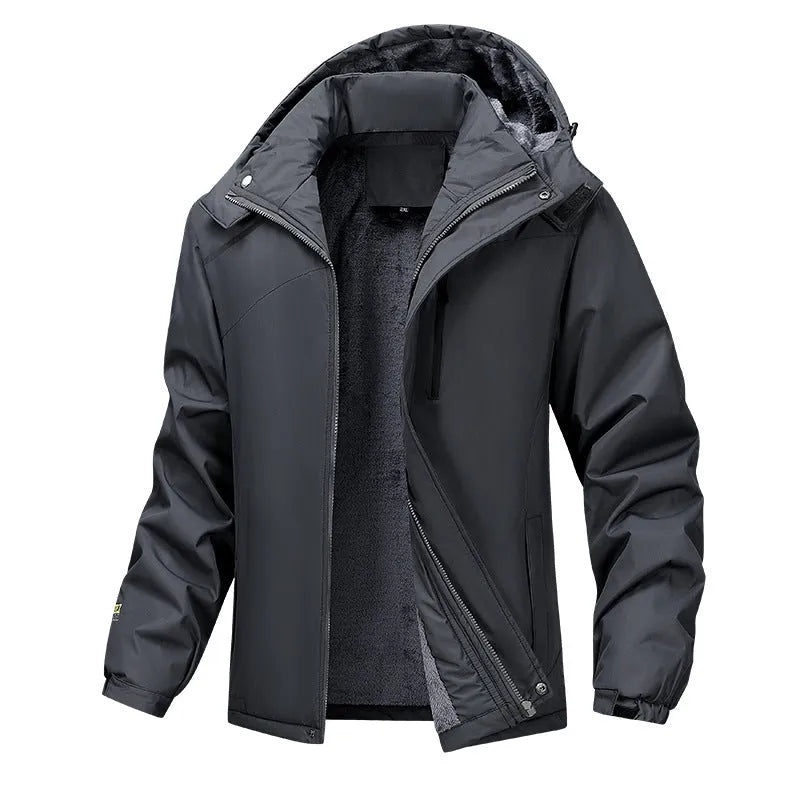 Men's waterproof loose fit hooded coat in plus sizes with army green, black, dark grey, and white colour options