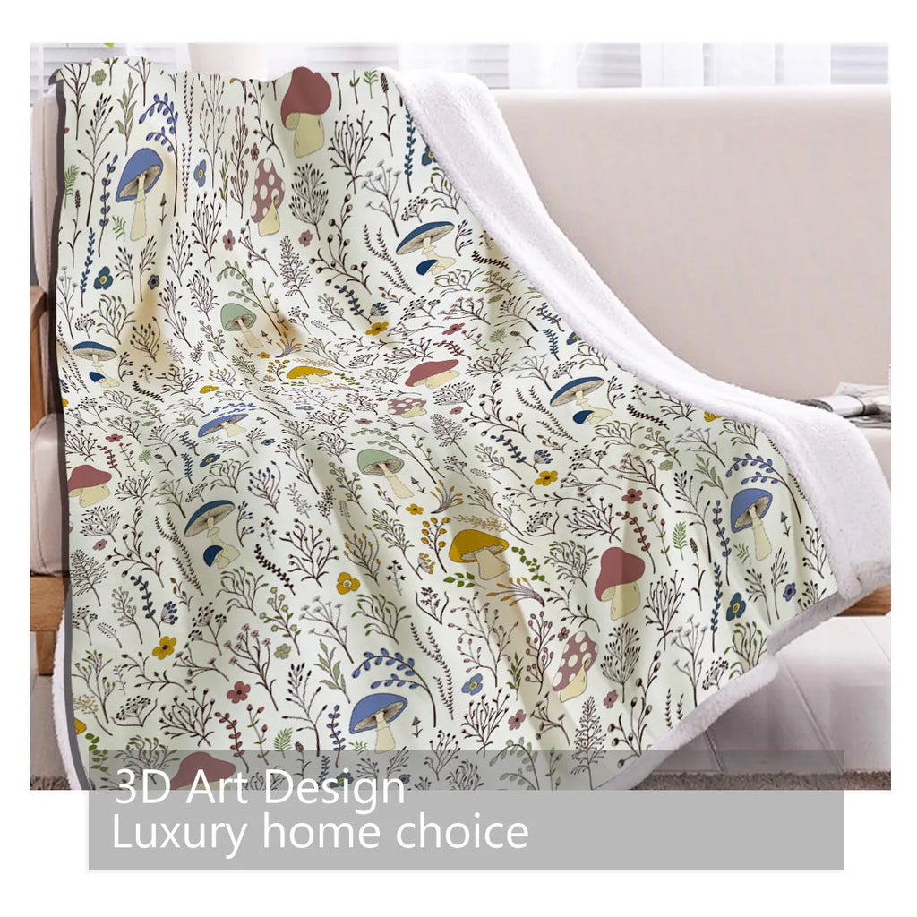 White tree leaf mushroom style sherpa fleece blanket with hemmed edges, available in 130x150cm and 150x200cm