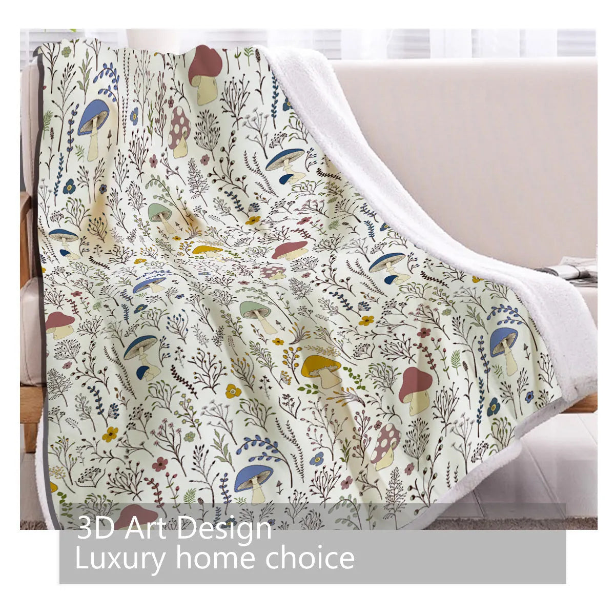 White tree leaf mushroom style sherpa fleece blanket with hemmed edges, available in 130x150cm and 150x200cm
