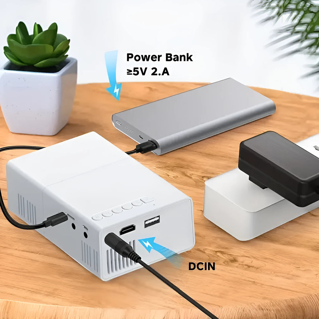 M100 portable mini projector in black or white colour showing remote control and cables