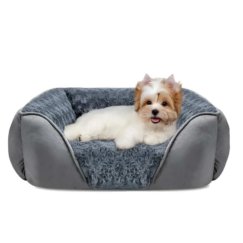 Beige enclosed oval dog kennel bed with artificial fur lining and removable cushion.