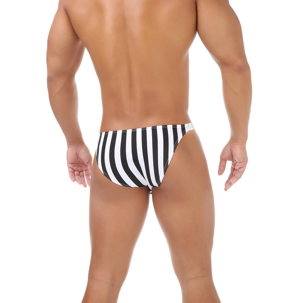 Men's shiny nylon briefs with black and white zebra stripe pattern showing low waist design